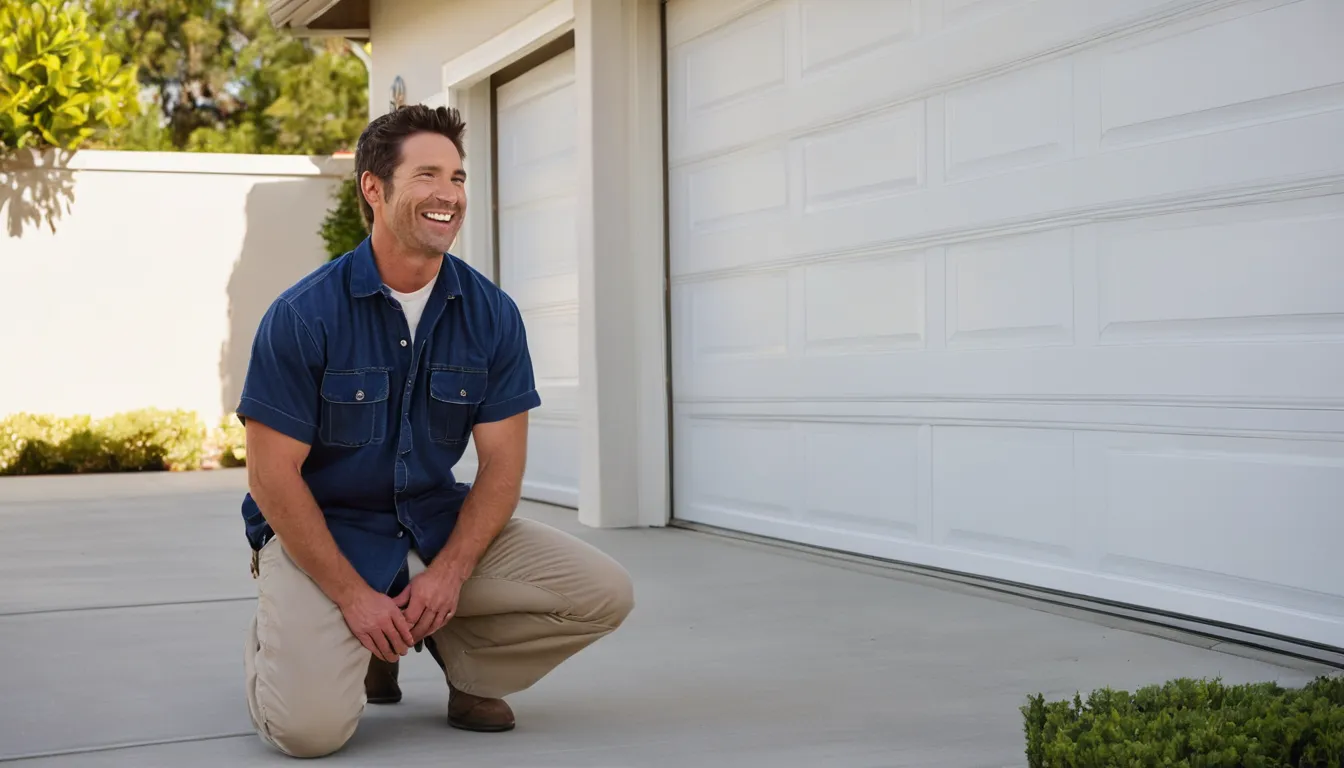 Friendly garage door provider checking the tracks and springs of a residential garage door at a San Clemente home in the San Clemente area