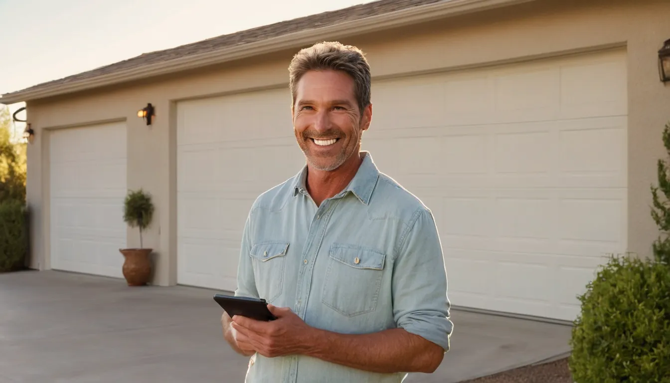 A friendly homeowner looking at a closed garage door on a stucco home in San Clemente